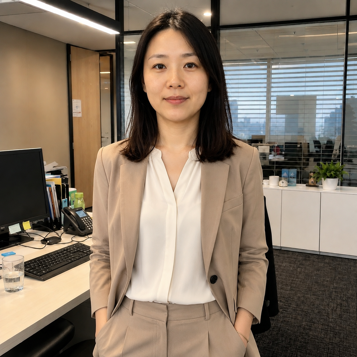 AI换装后示意图，柔和知性职场风格